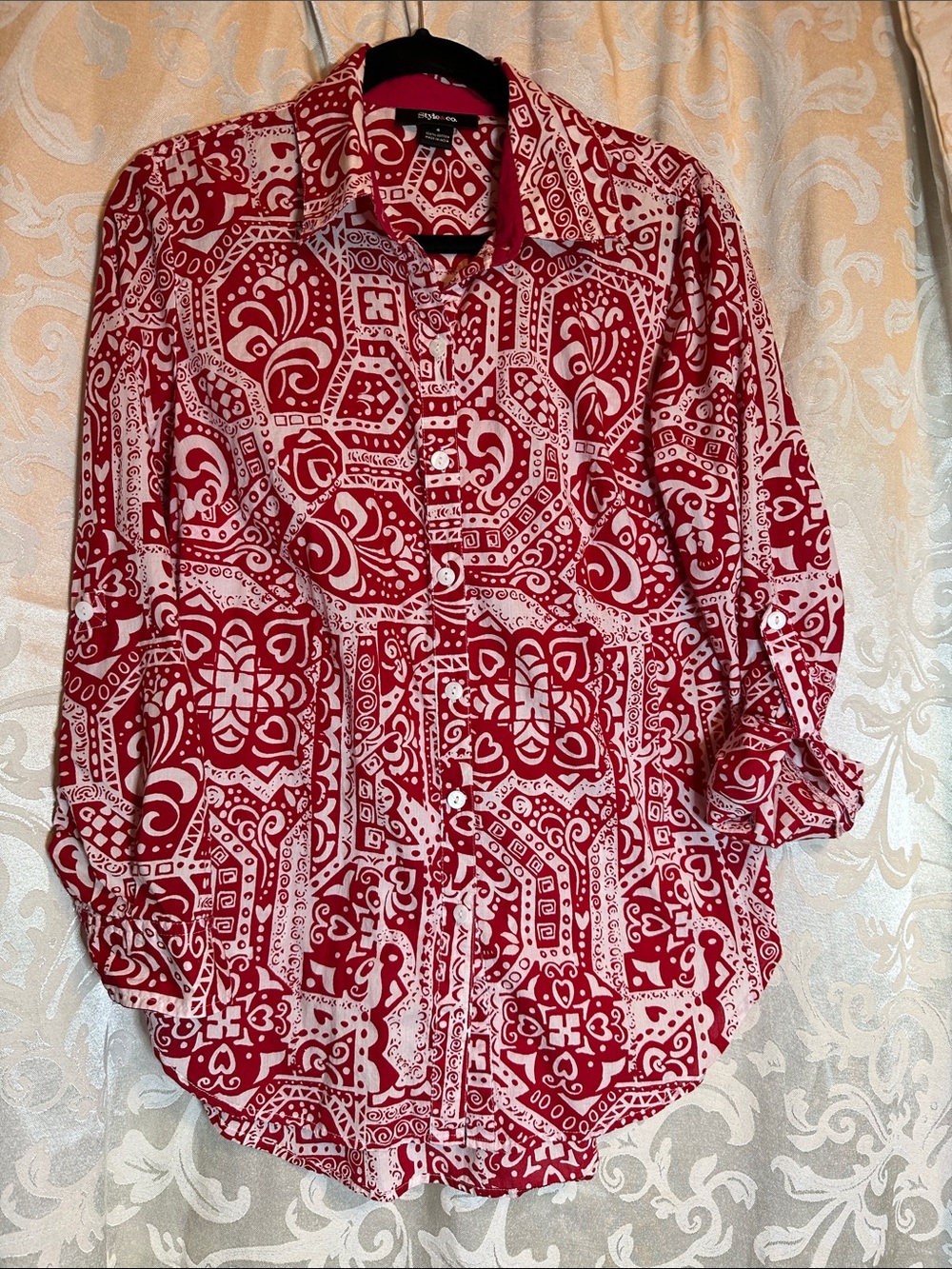 Style & Co. Red and White Patterned Button-Down Shirt